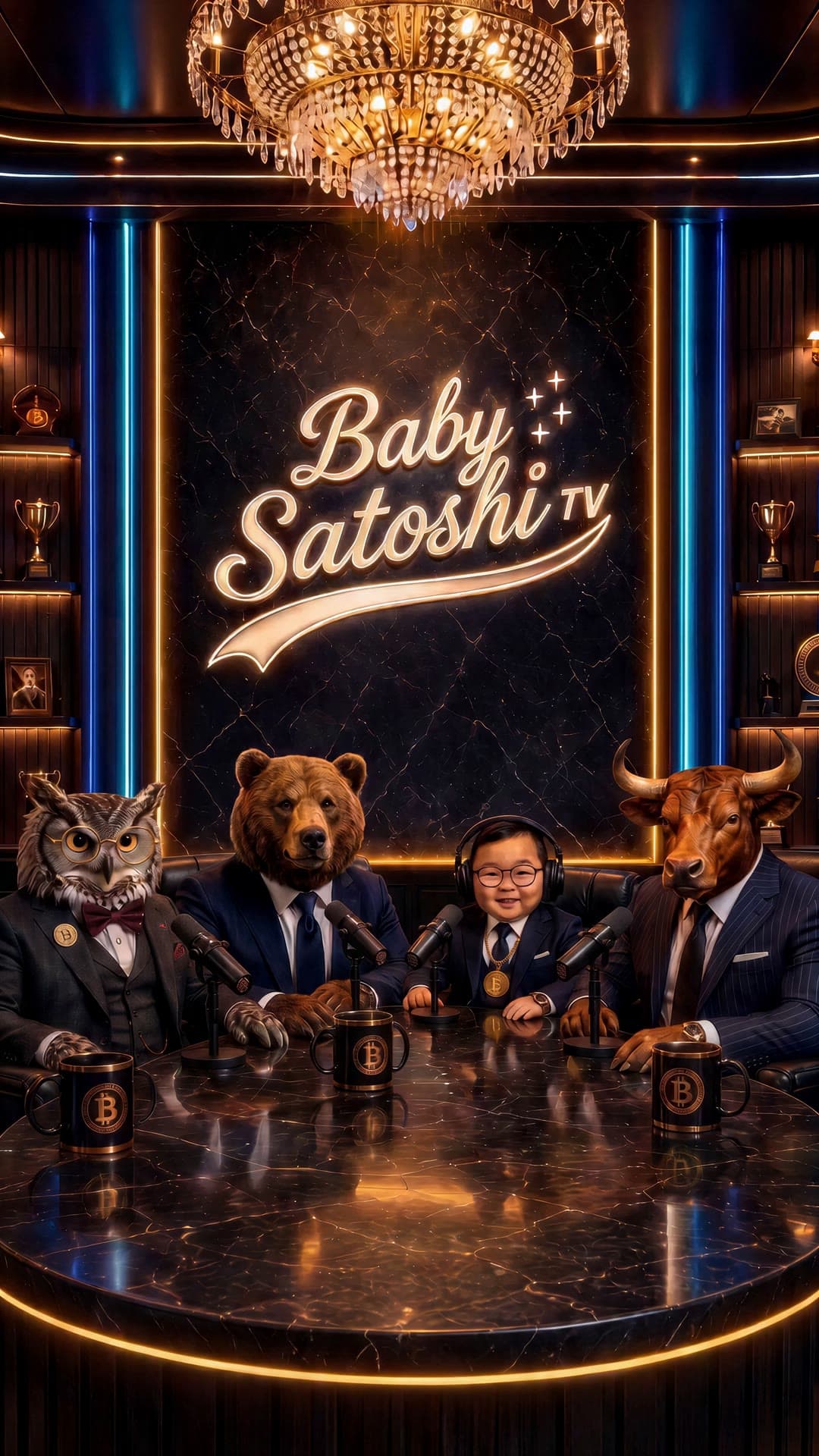 Das Baby-Satoshi-TV-Studio: die Eule Professor Owlins, der Bär Eli, Baby Satoshi und der Bulle Bobby an einem runden Tisch aus schwarzem Marmor, unter Trophäenregalen und einer goldenen Neonreklame.